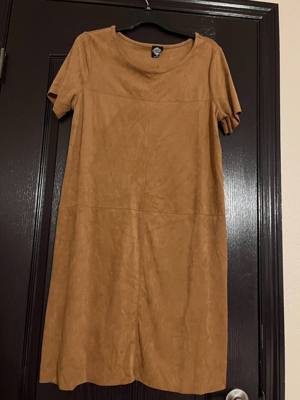 Short-Sleeve Faux Suede Shift Dress - Tan